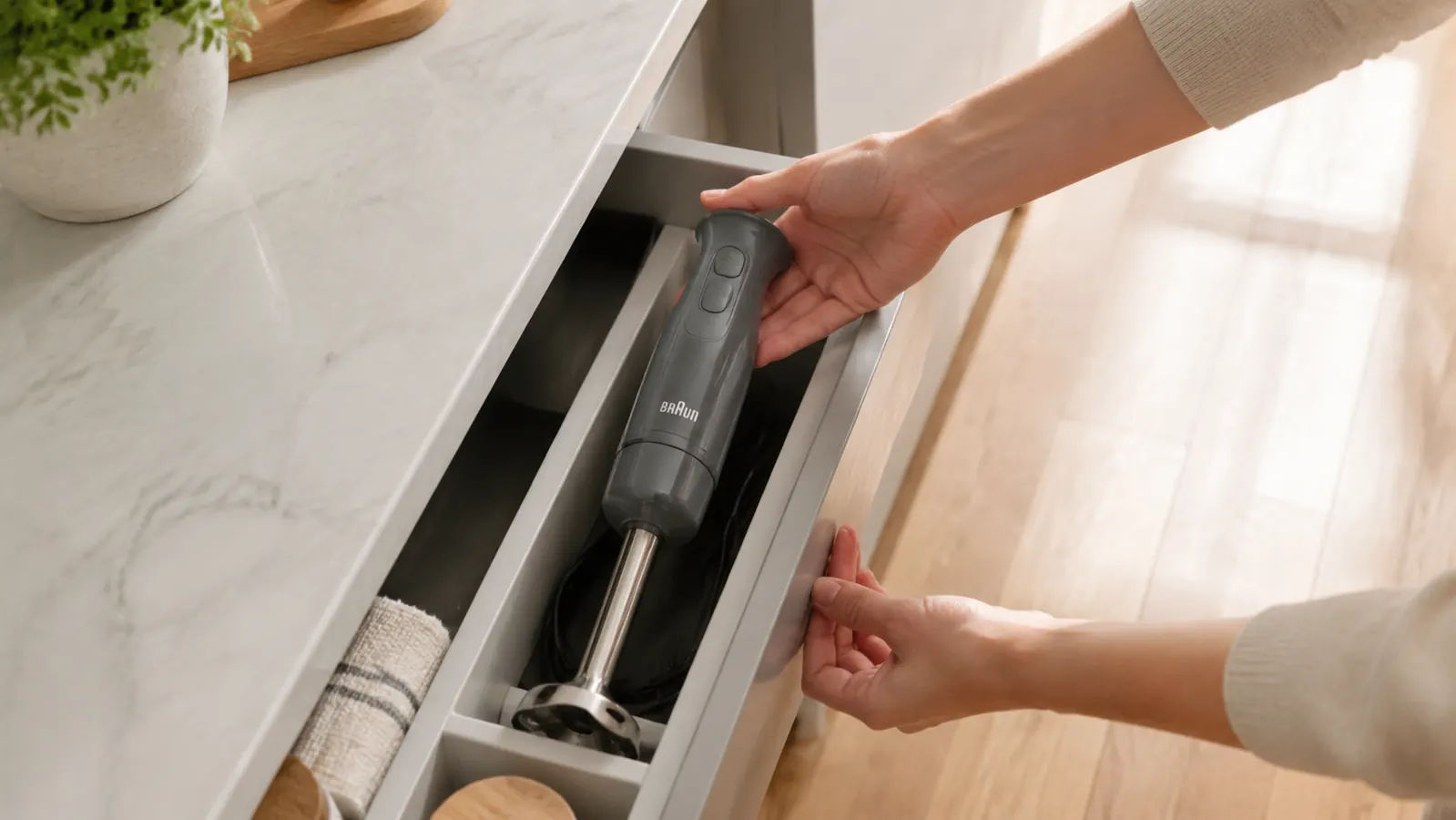 Hand holding the Braun MultiQuick 5 immersion blender and blending a smoothie directly in a tall cup