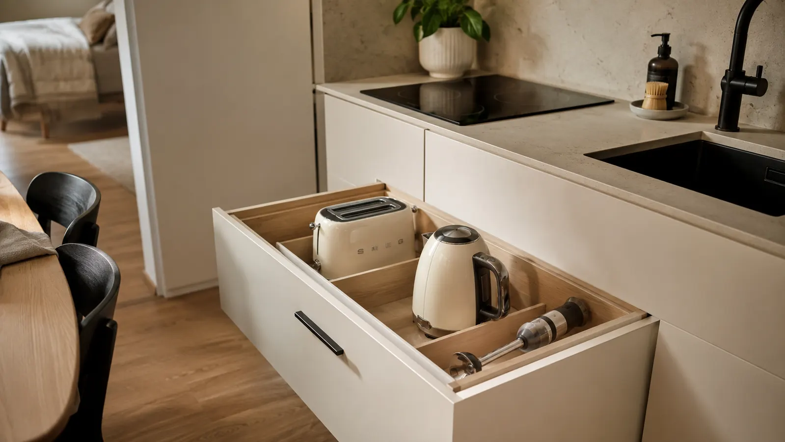 Braun MultiQuick 5 broken down into its blending shaft and motor body, both fitting inside a single kitchen drawer