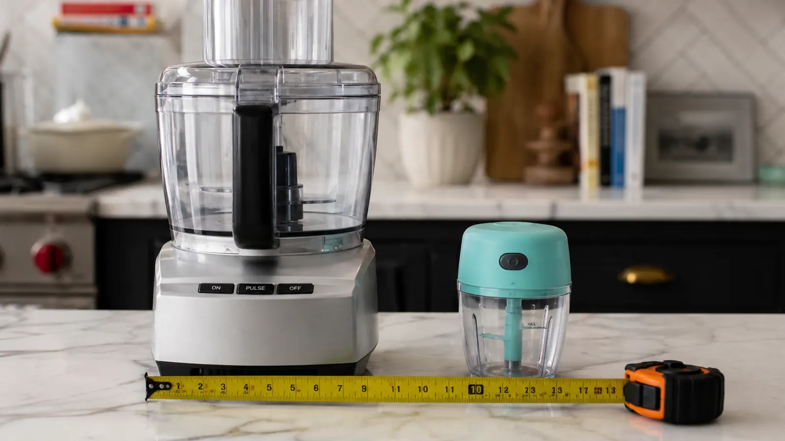 KitchenAid food chopper stored upright in a kitchen cabinet next to a cutting board, showing compact footprint