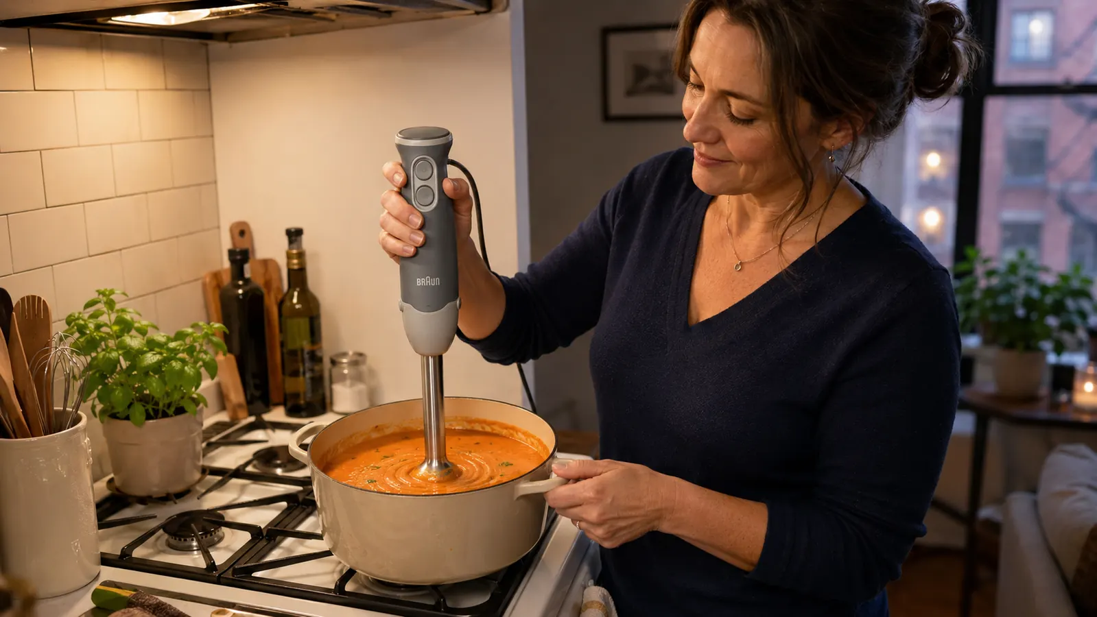 Hand gripping the Braun MultiQuick 5 while blending a smoothie directly in a tall glass