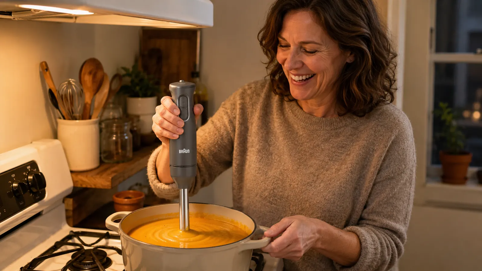 Hand gripping the Braun MultiQuick 5 immersion blender, blending a green smoothie directly in a tall glass
