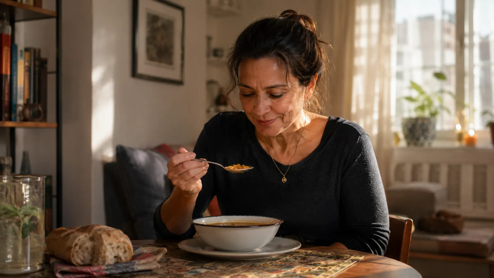 Person pouring silky butternut squash soup from a pot into a bowl, perfectly smooth texture