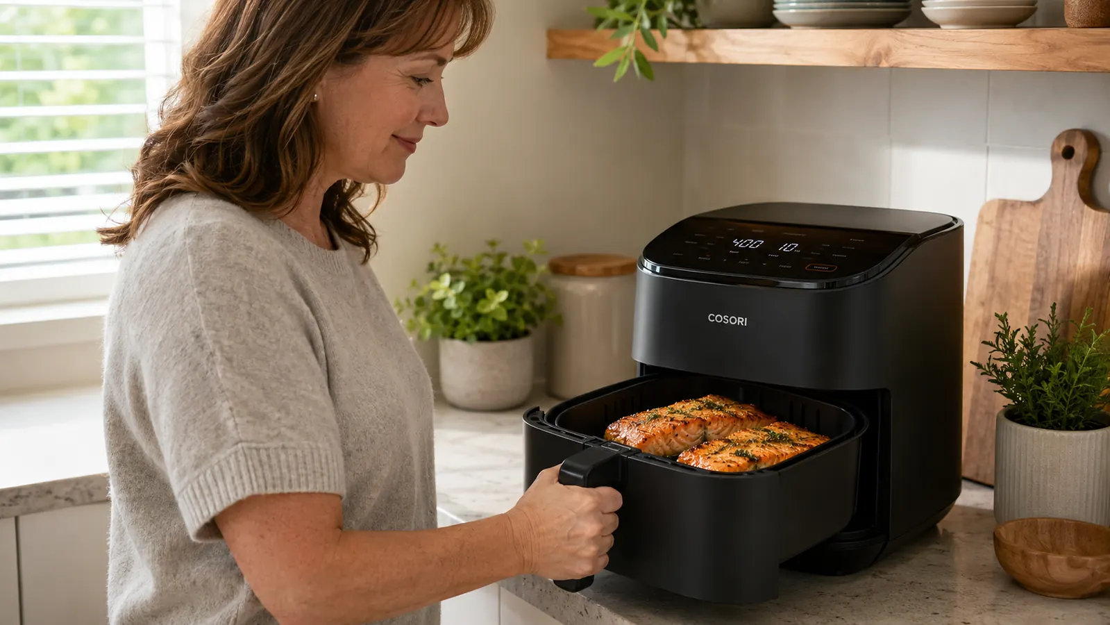 Close-up of the Cosori TurboBlaze PFAS-free ceramic basket coating showing the nonstick surface texture