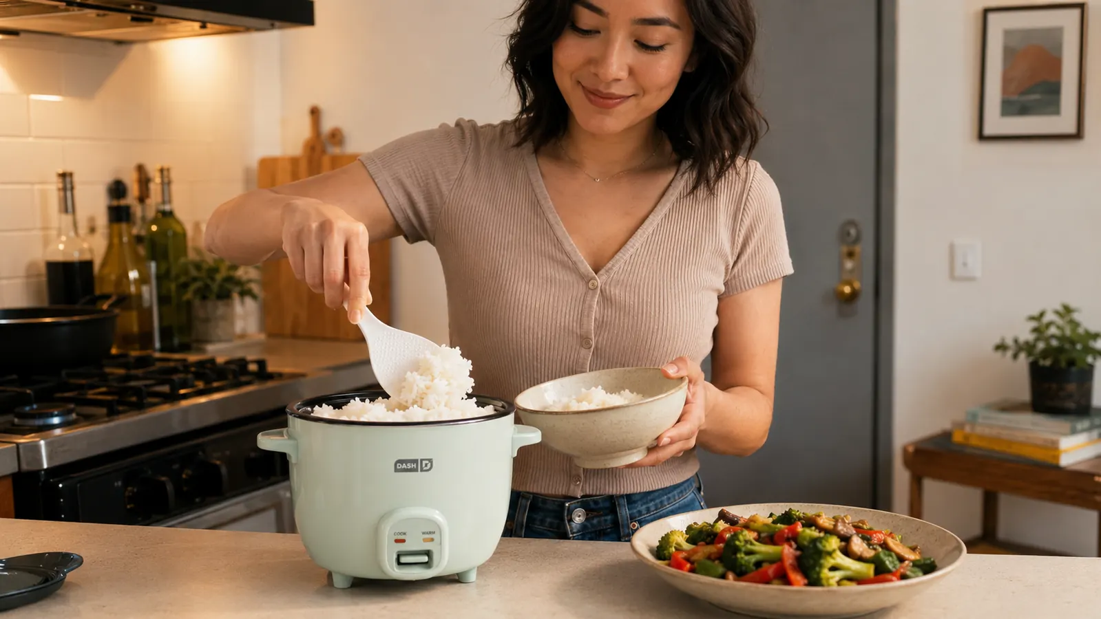 Finished fluffy white rice inside the ceramic bowl of the Dash Mini Rice Cooker