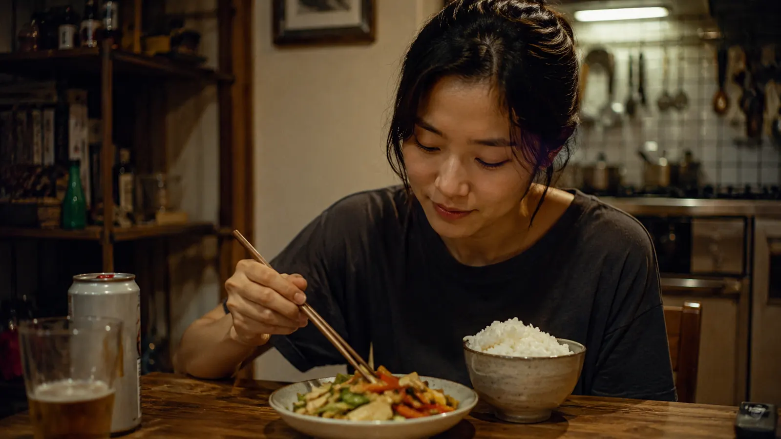 Solo cook at a small kitchen table with a bowl of rice and vegetables prepared with the Dash Mini Rice Cooker