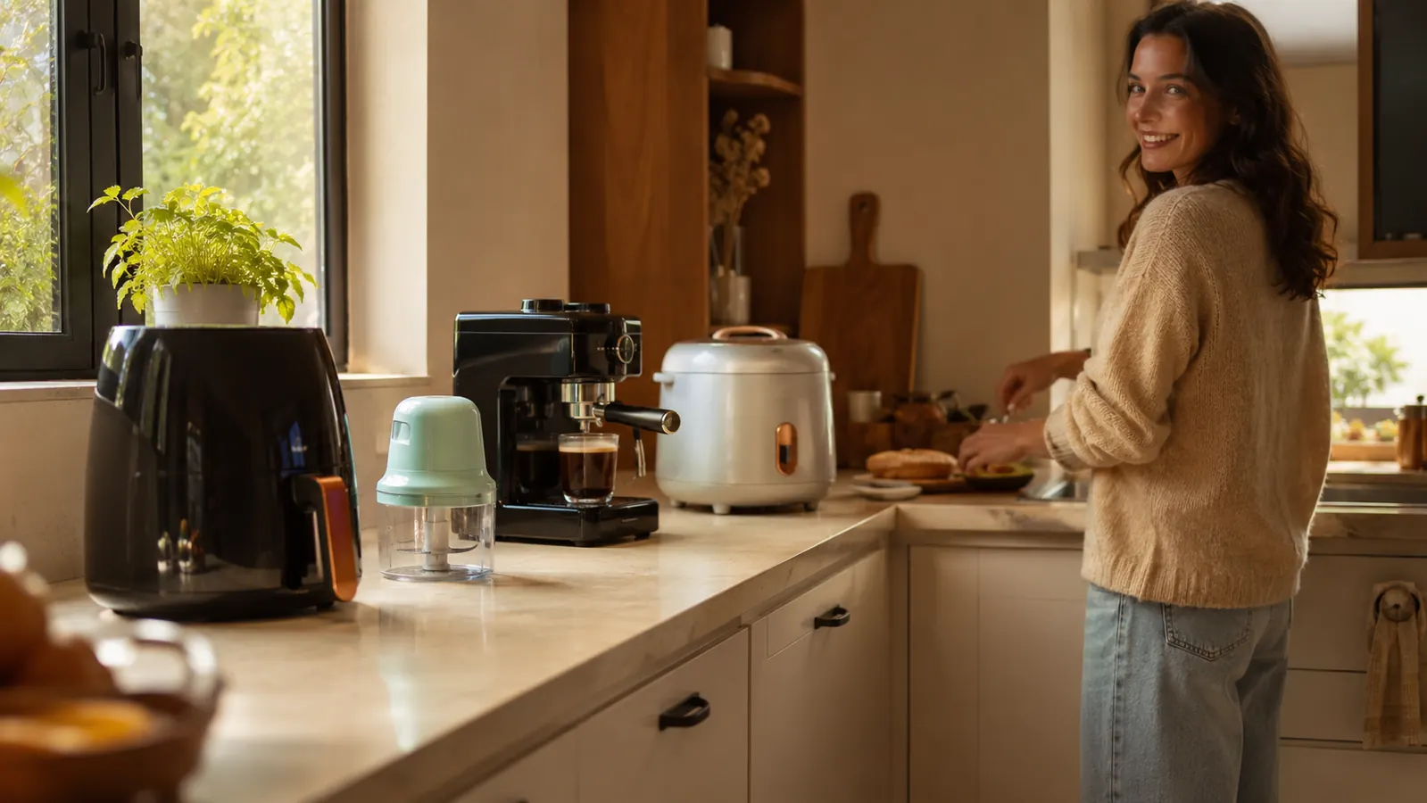 A tidy small kitchen counter in warm morning light, calm and inviting