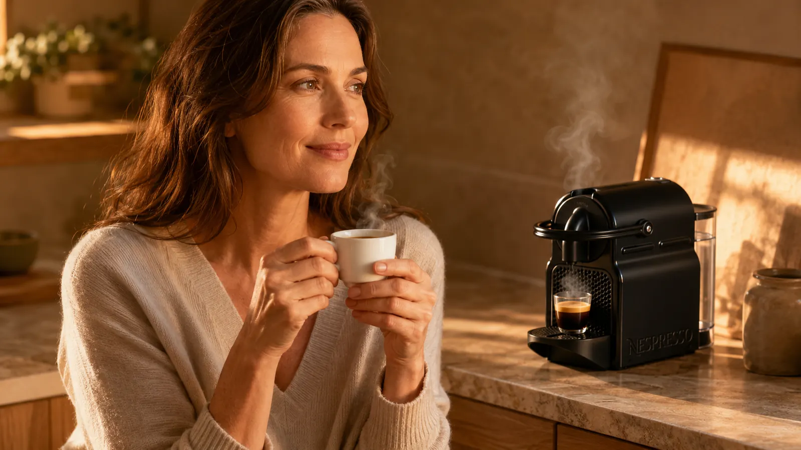 Small glass of water and a descaling solution tablet next to a Nespresso machine during the cleaning cycle
