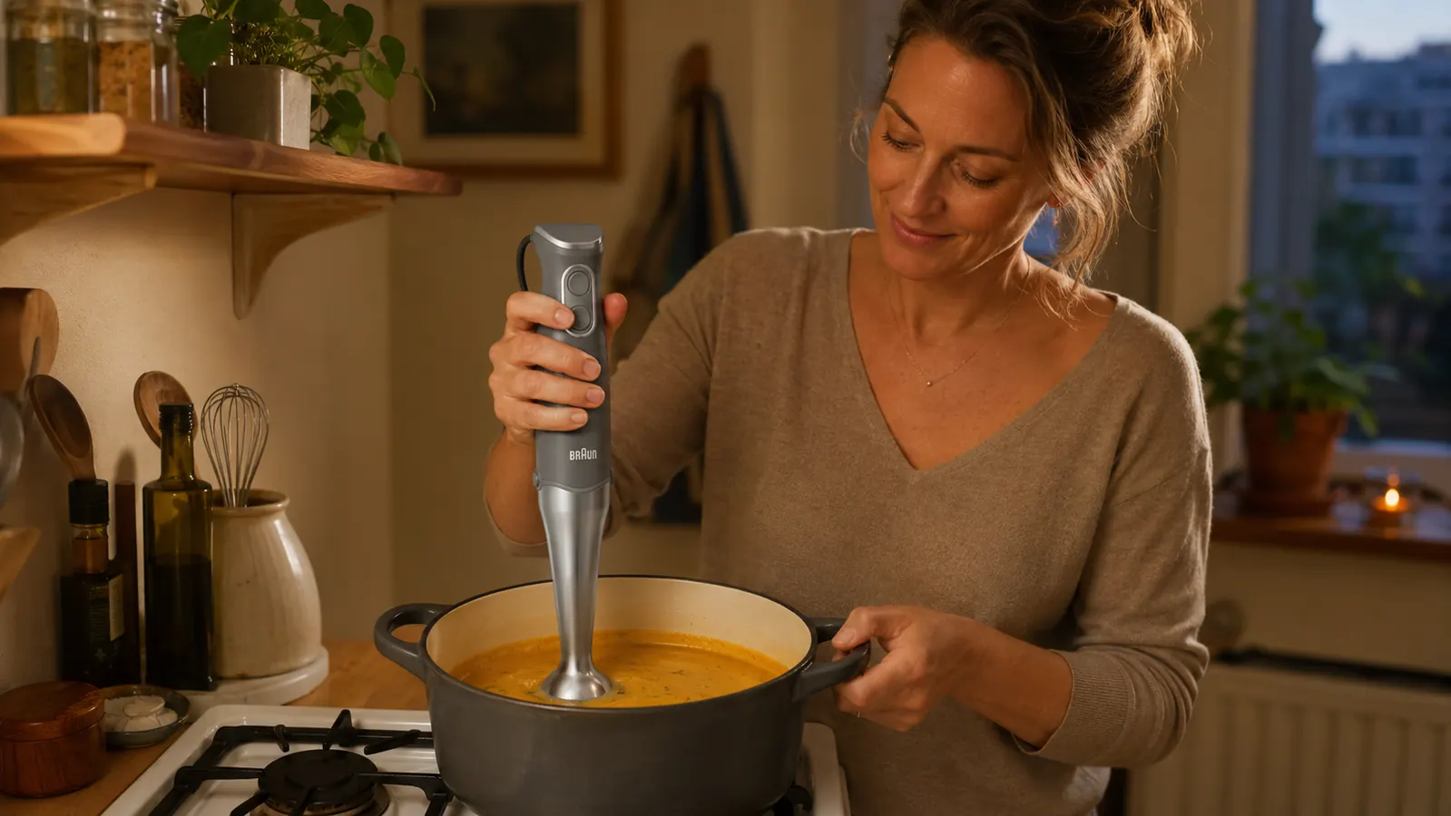 Braun MultiQuick 5 immersion blender held at an angle inside a deep pot, shown close up to illustrate the correct depth and tilt